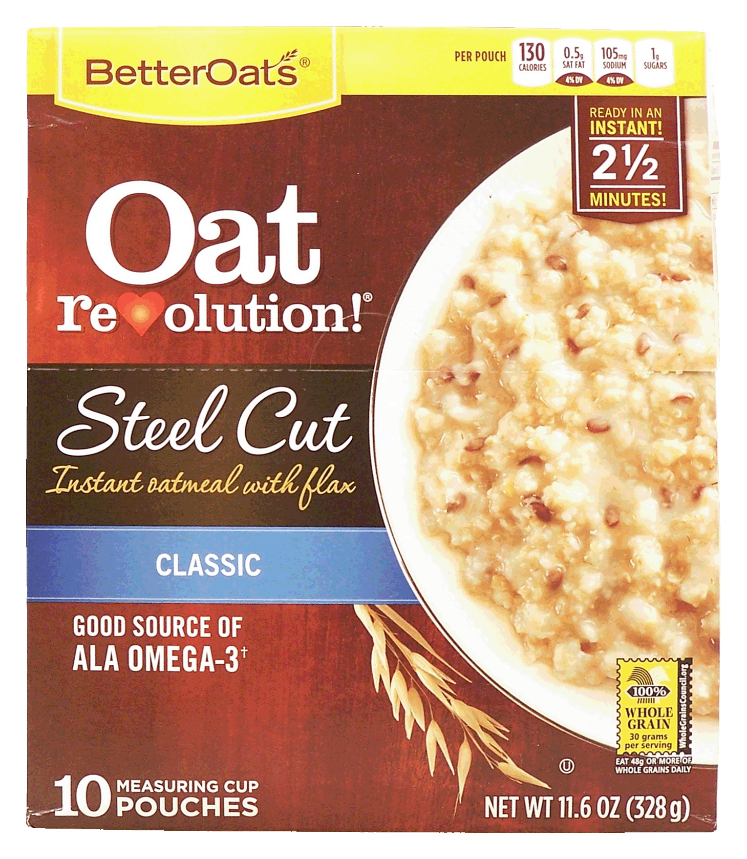 Better Oats Oat Revolution! steel cut classic instant oatmeal with flax, 10-measuring cup pouches Full-Size Picture